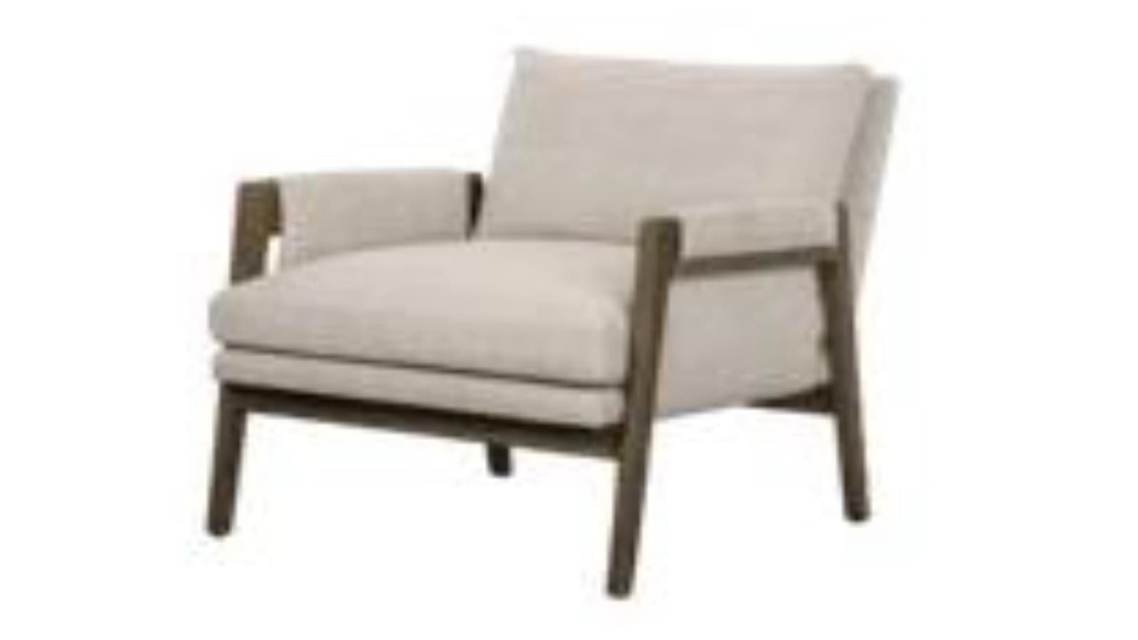 A modern upholstered armchair featuring a prominent exposed dark wooden frame that encases light-colored fabric cushions for the seat, back, and armrests. The design is contemporary and minimalist, emphasizing clean lines and comfort. — 3D model