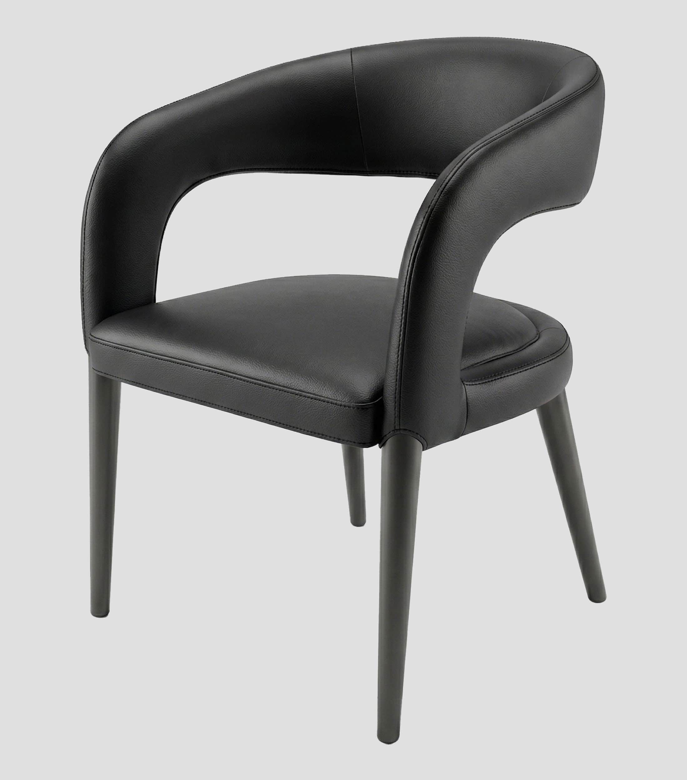 A modern upholstered chair with a curved back and armrests, covered in black leather or faux leather… — 3D model