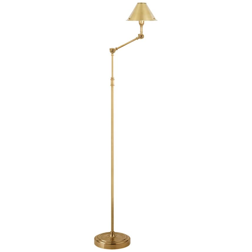 A brass articulated floor lamp with a conical shade and a circular base. The lamp features an adjustable arm for directing light. — 3D model
