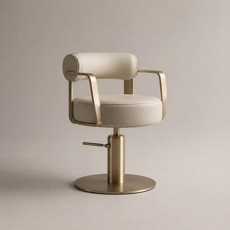 A luxurious contemporary swivel chair with cream-colored upholstery and a brushed brass-toned metal frame. It features a hydraulic lift mechanism for height adjustment, a round padded seat, a cylindrical bolster backrest, and integrated curved armrests, all mounted on a sturdy circular pedestal base. — 3D model