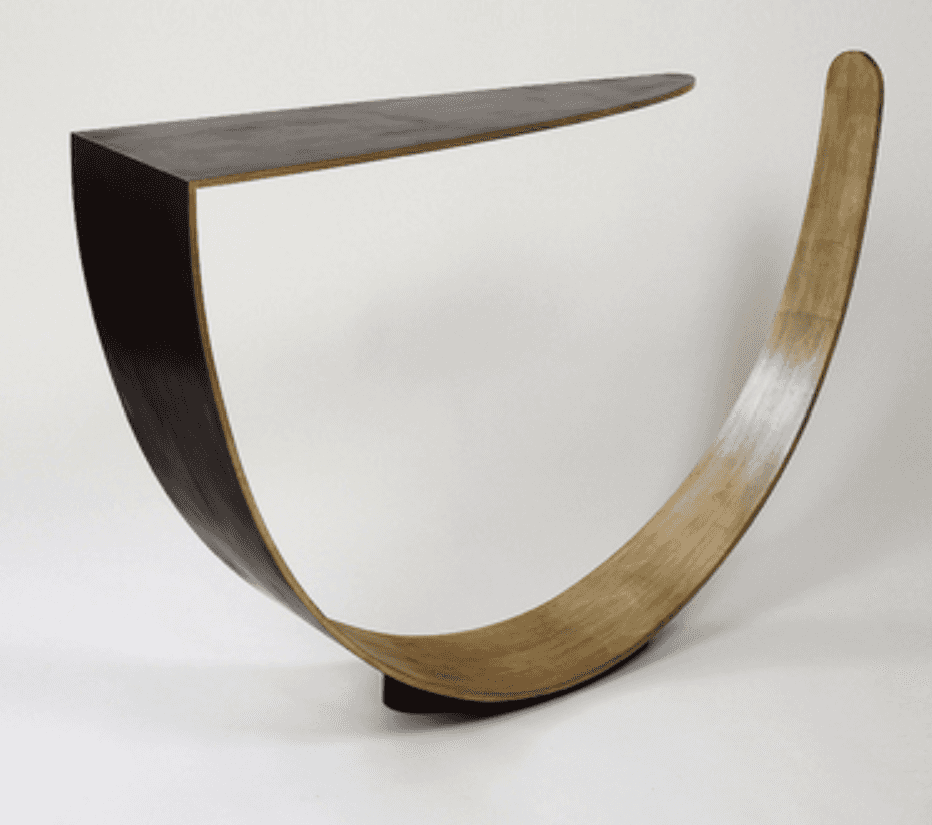 A modern and sculptural console table featuring a unique, dynamic design. It consists of a dark, tri… — 3D model