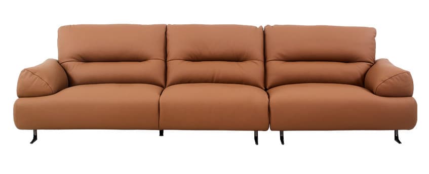 A contemporary three-seater sofa upholstered in a warm tan or light brown leather-like material. It features three distinct seat cushions and three matching back cushions, each appearing plush and inviting. The back cushions have subtle horizontal stitching details. The armrests are softly rounded and integrated into the overall frame. The sofa is elevated by four slender, angled black metal legs, providing a modern contrast to the upholstery. — 3D model