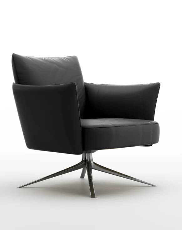 A modern black leather swivel lounge armchair featuring a plush, low-profile design. It has broad, slightly tapered arms and a comfortable backrest and seat cushion. The chair rests on a sleek, four-pronged metal star base, allowing for 360-degree rotation. The overall aesthetic is clean, minimalist, and comfortable. — 3D model