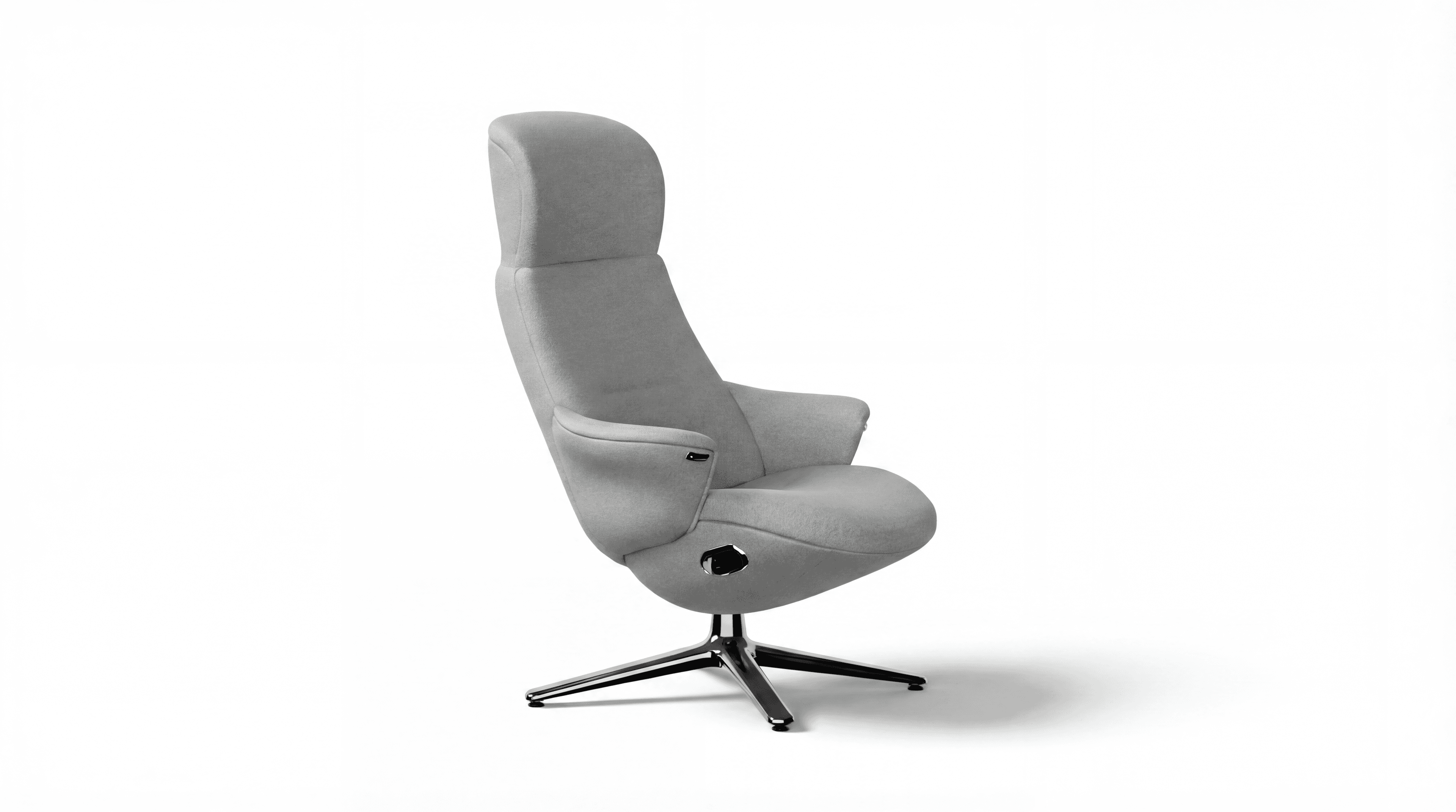 A modern armchair with a high back and integrated headrest. The chair features a swiveling base with five legs. It has a compact, ergonomic design with padded armrests and a contoured seat. — 3D model