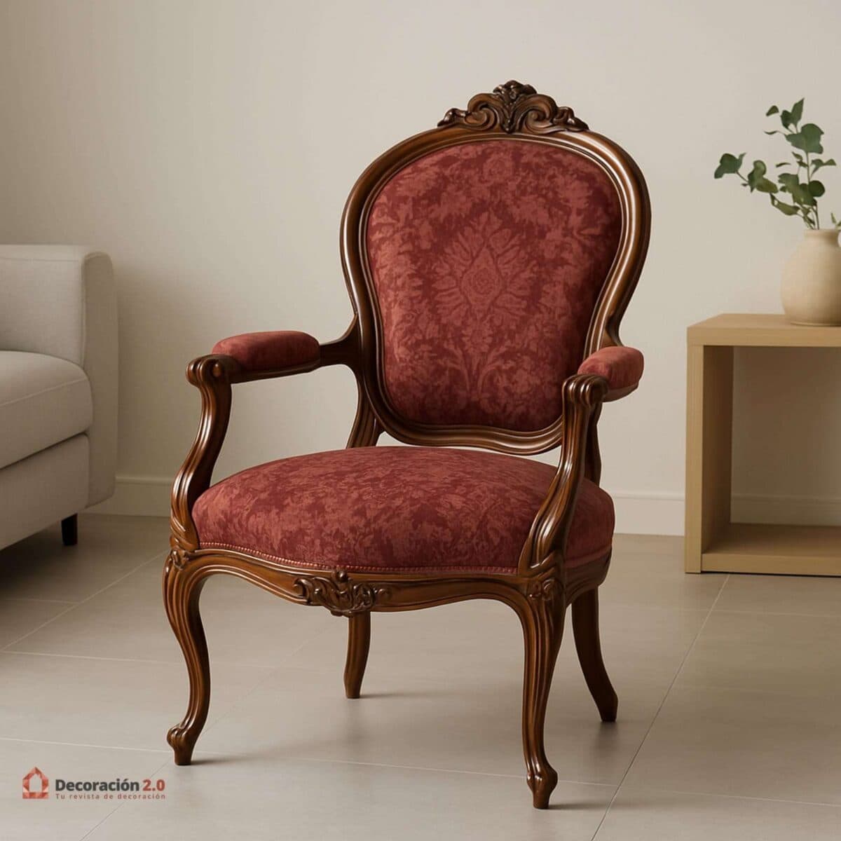A single armchair featuring a dark, carved wooden frame and upholstered in a reddish-brown patterned fabric. The chair exhibits a distinctly Rococo or French Provincial aesthetic with its ornate detailing, cabriole legs, and curved backrest and armrests. — 3D model
