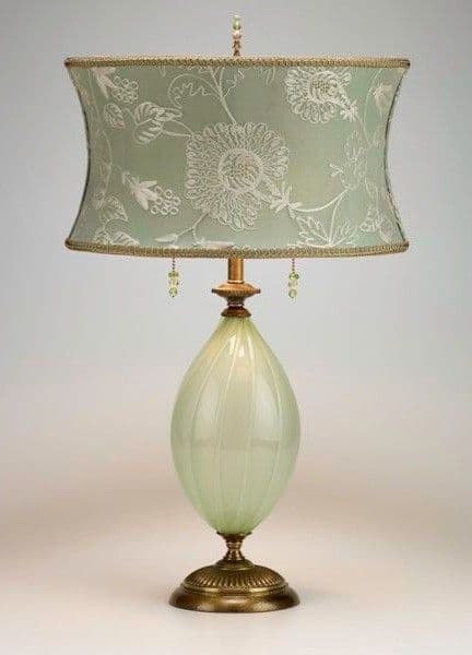 An ornate table lamp featuring a light green fabric lampshade with intricate white floral embroidery and scalloped edges, trimmed with a decorative braided cord. The shade has small beaded pulls dangling from its lower rim. The lamp's body is a segmented, ovoid form made of ribbed, translucent light green glass. It sits atop a circular, fluted base with an antique brass finish, which matches the neck and finial components. — 3D model