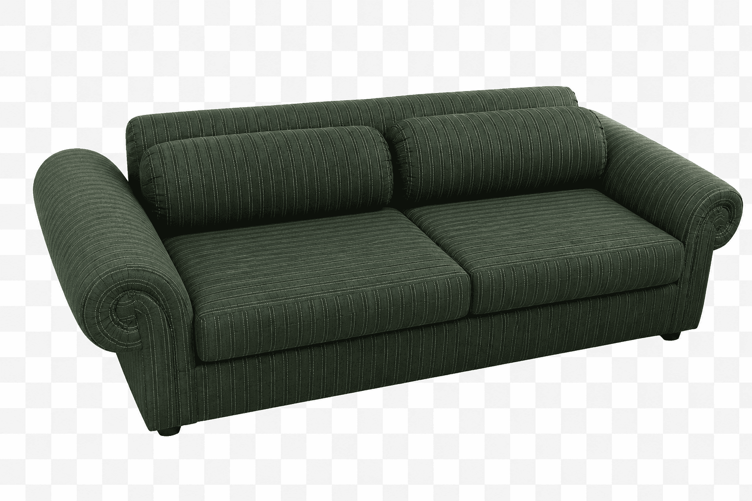 A dark green, two-seater sofa with a subtly striped fabric upholstery. It features rolled armrests a… — free GLTF 3D model
