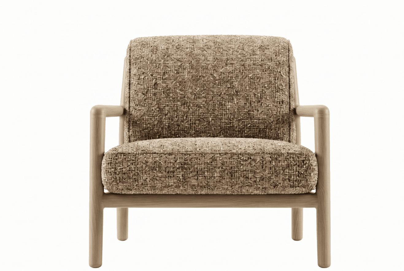 A modern upholstered lounge chair featuring a sturdy exposed frame made of light-toned wood, likely oak or ash. The chair is upholstered in a highly textured, multi-tonal fabric, predominantly in shades of brown and beige, giving it a tactile and cozy appearance. It has a boxy yet comfortable silhouette with generously padded seat and back cushions, and integrated armrests with rounded edges. — 3D model