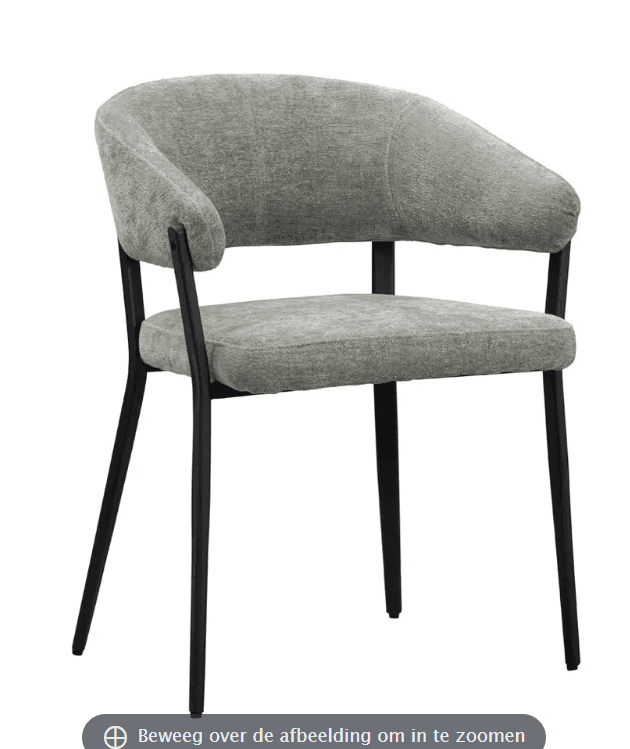 A modern upholstered armchair with a curved back and seat, supported by four slender, black metal legs. The upholstery appears to be a textured fabric in a light greenish-gray hue. — 3D model