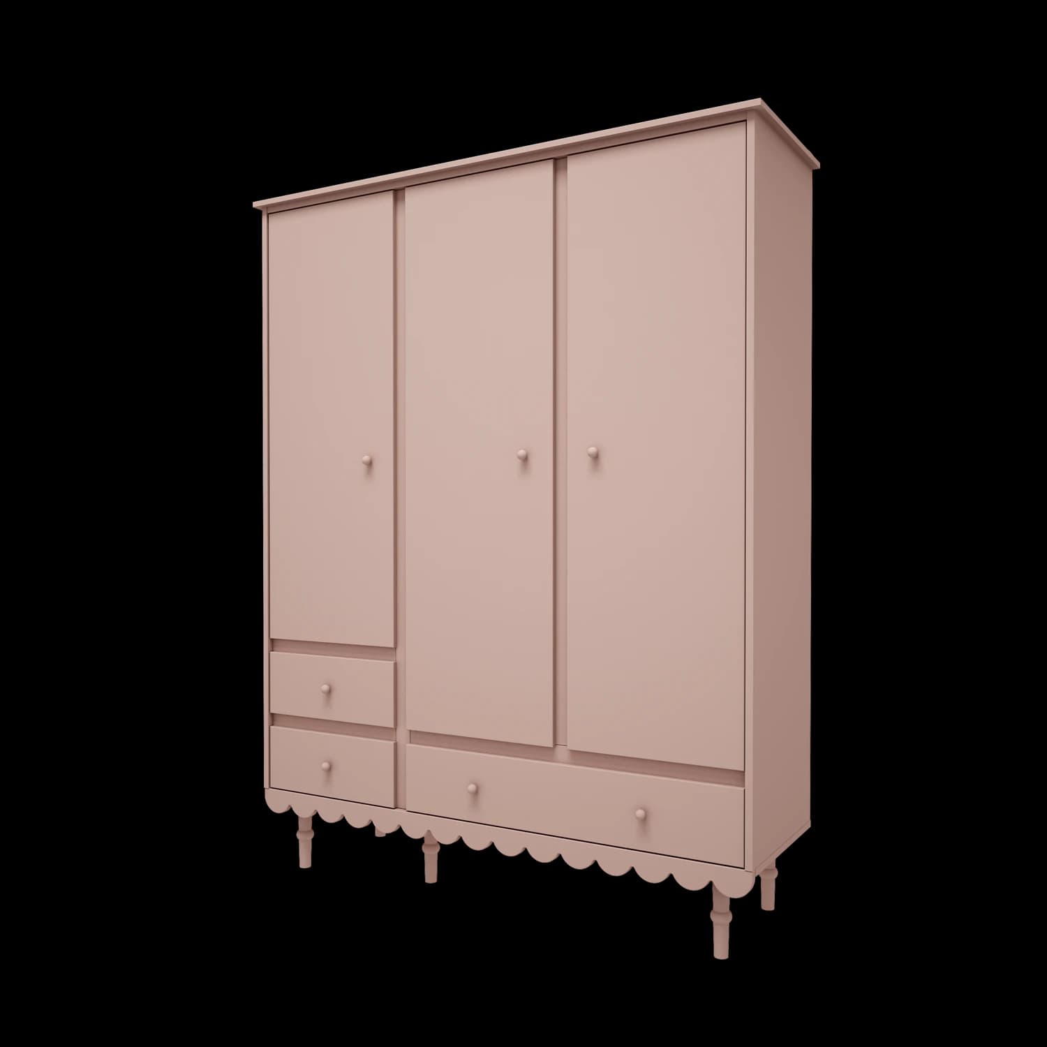 A rendered image of a three-door wardrobe in a muted pink finish, featuring five integrated drawers, rounded knob handles, a scalloped base trim, and short turned feet. — 3D model