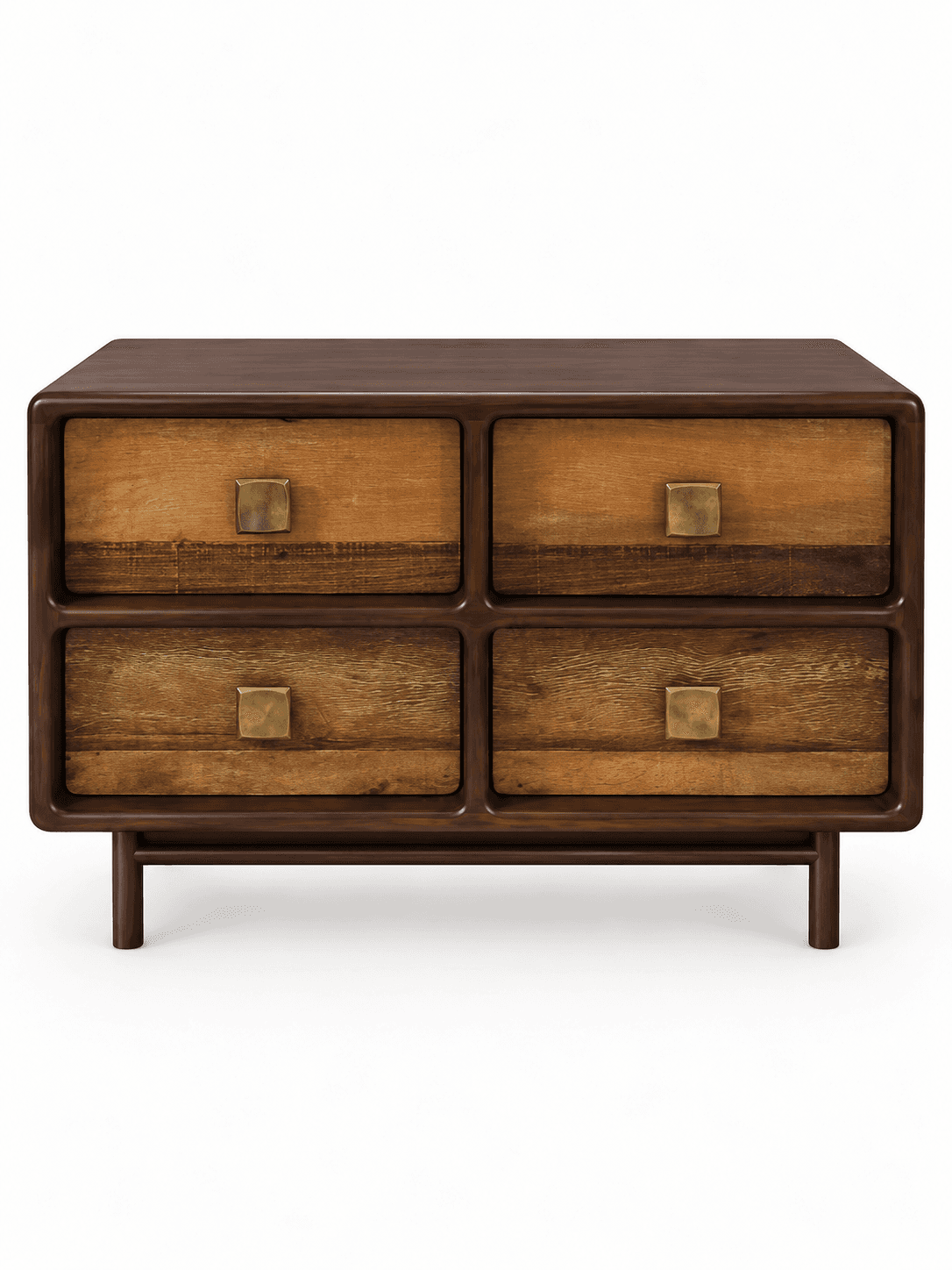 A compact, rectangular accent chest or small chest of drawers featuring a dark wood frame with smoothly rounded edges. It contains four individual drawers, each with a front made from a lighter, natural wood exhibiting varied grain patterns. Each drawer is fitted with a small, square brass pull handle. The unit is supported by four slender, tapered peg legs. — 3D model