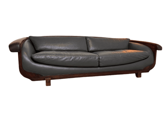 A two-seater sofa featuring a distinctive dark wood frame with integrated curved armrests and back,… — free GLTF 3D model
