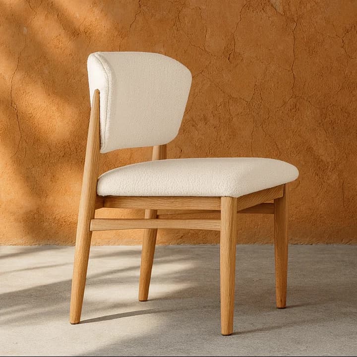 An armless dining chair featuring a light-toned wooden frame and fully upholstered seat and back in a cream bouclé-style fabric. The frame has four tapered legs, and the backrest is gently curved. — 3D model
