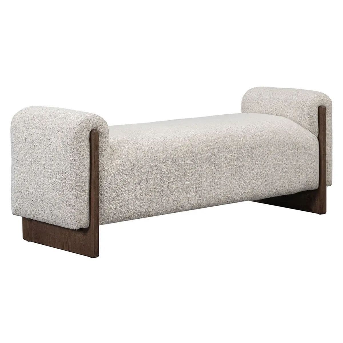A modern upholstered bench featuring a light-colored, textured fabric seat with elegantly rolled ends, supported by visible dark-stained wooden side frames that also anchor the curved ends. The design is minimalist and contemporary, offering a clean aesthetic. — 3D model