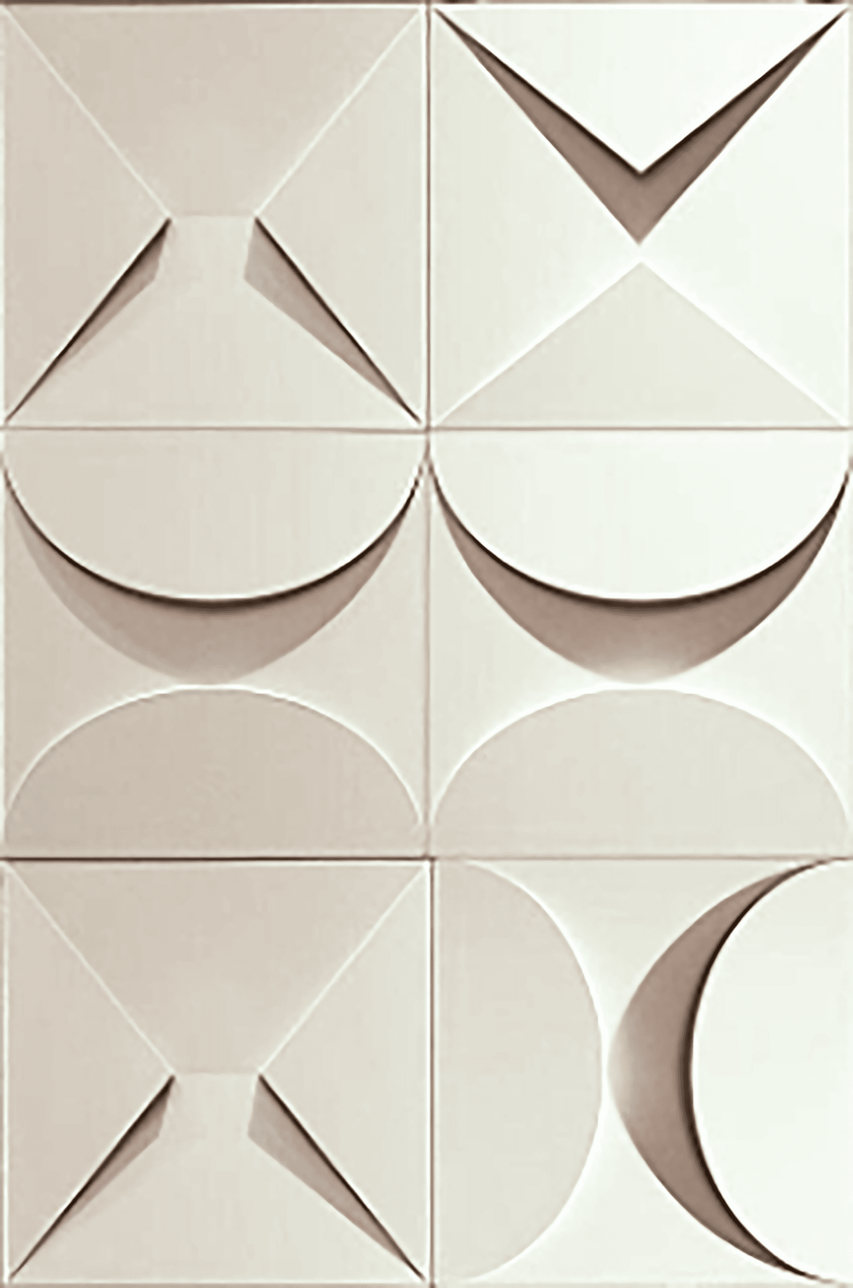 A decorative wall panel composed of four square sections arranged in a 2x2 grid. Each section features a unique geometric relief pattern. The overall design is abstract and modern, with sharp angles and curved elements that create a dynamic play of light and shadow. The panel is a monolithic piece, suggesting it is designed for wall mounting. — 3D model