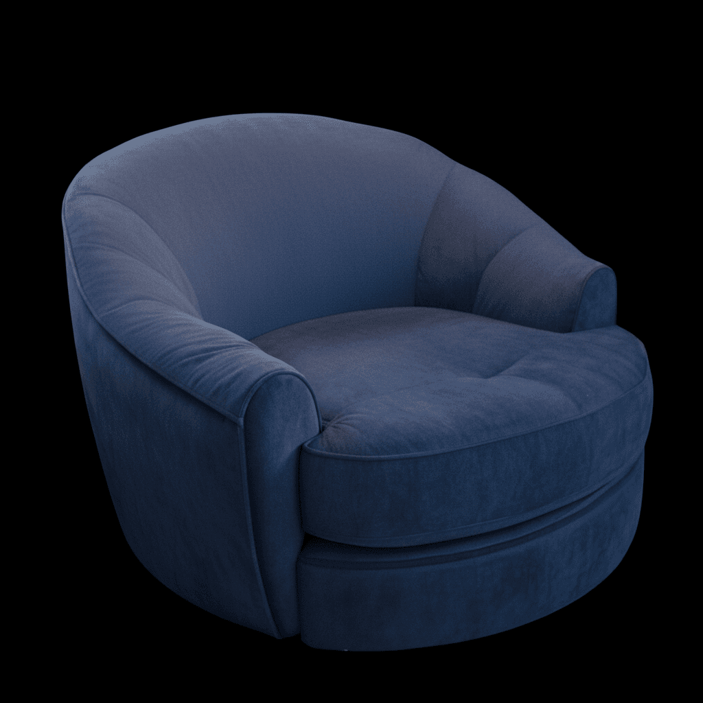 A contemporary, fully upholstered barrel-shaped armchair in dark blue velvet fabric, featuring integrated rolled arms, a curved backrest, and a tufted seat cushion, designed for comfort and style. — 3D model