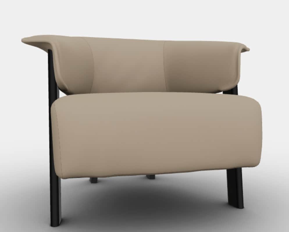 A modern armchair with a slightly curved backrest and seat. It features thin, black legs and a singl… — free OBJ 3D model