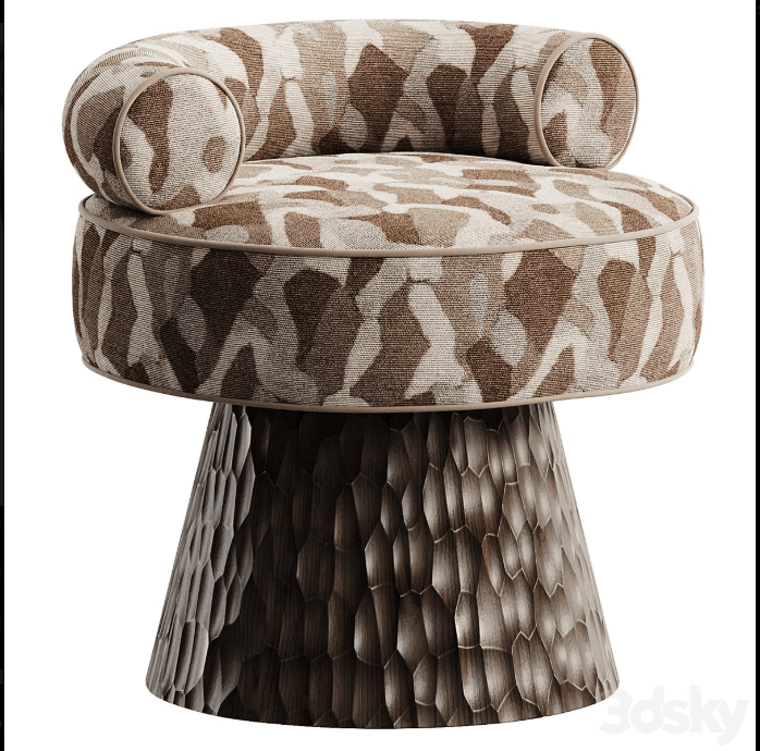 A modern upholstered accent chair featuring a low, curved backrest and integrated armrests, all adorned with a distinctive geometric camouflage-style fabric pattern in shades of brown, beige, and cream. The chair sits on a robust, conical wooden base with a deeply carved, hexagonal or scale-like texture in a dark, rich wood finish. — 3D model
