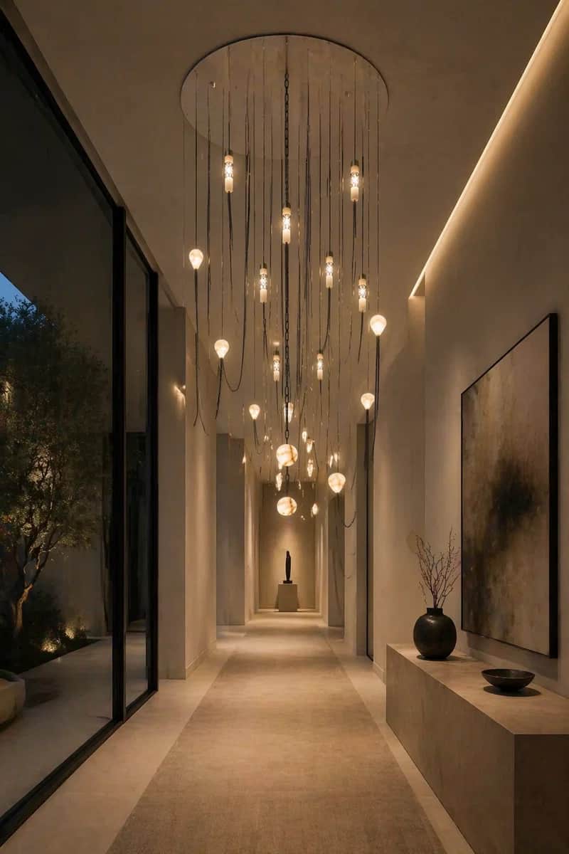 An abstract cascading chandelier featuring multiple light elements suspended at varying lengths from… — 3D model