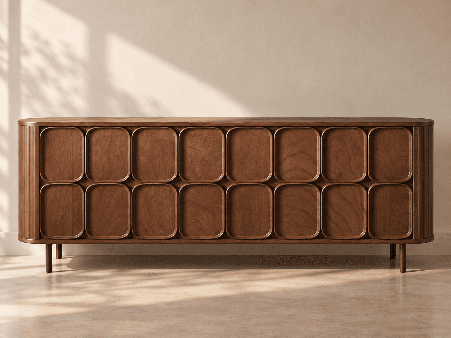 A long, low, rectangular wooden credenza or sideboard with rounded corners and a distinctive front d… — 3D model