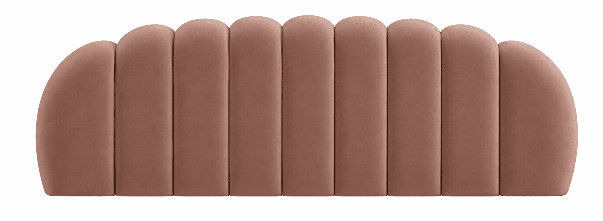 A long, horizontally oriented headboard composed of multiple vertical, rounded, upholstered panels. The panels gradually increase in height from left to right, creating a stepped profile. It is upholstered in a muted pink/dusty rose fabric with a plush, channel-tufted appearance. — 3D model