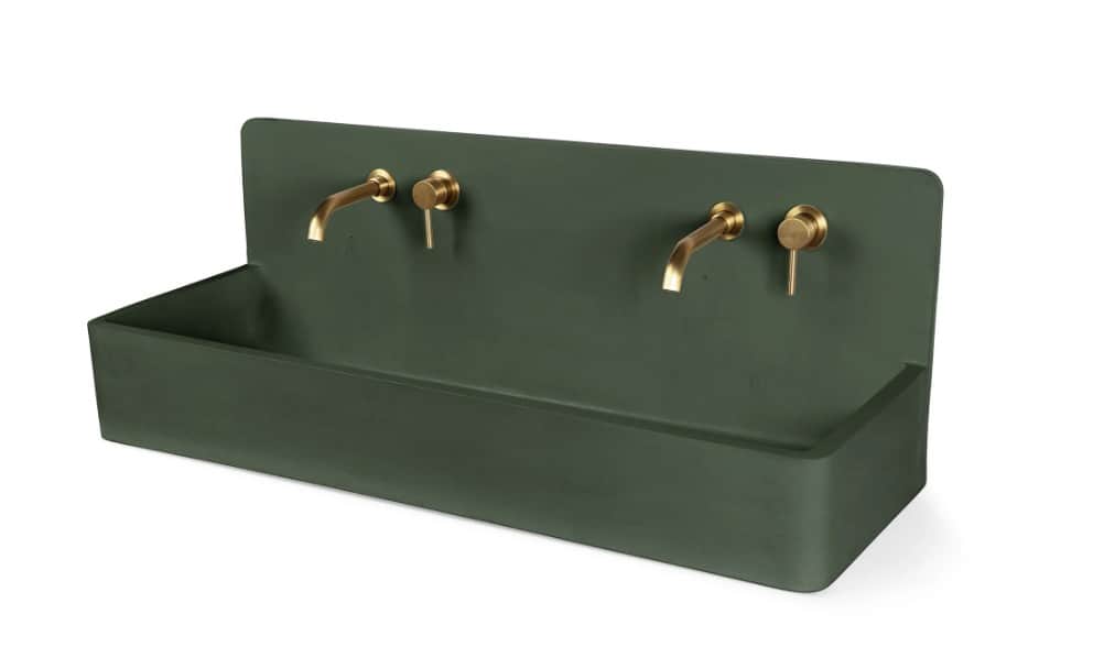 A modern, rectangular wall-mounted double basin sink, rendered in a dark green hue, likely concrete… — 3D model