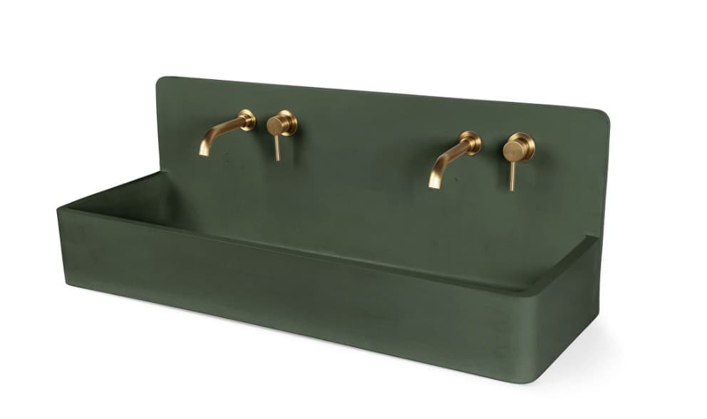 A modern, rectangular wall-mounted double basin sink, rendered in a dark green hue, likely concrete or solid surface material. It features an integrated tall backsplash where two wall-mounted brass faucets and control levers are installed. The basin has rounded interior corners and a clean, minimalist aesthetic, suitable for contemporary bathroom designs. — 3D model