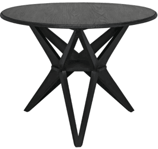 A modern round dining table featuring a dark, wood-grain tabletop supported by a striking black geometric pedestal base composed of angled, intersecting supports. — 3D model