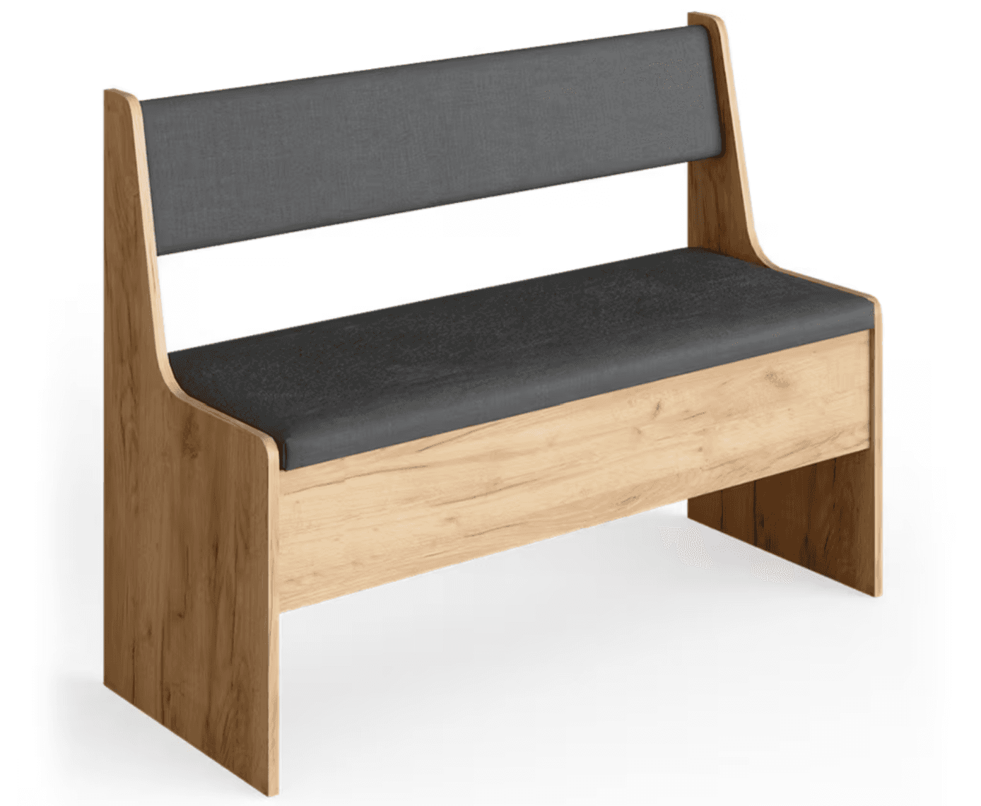 A modern bench featuring a light wood-effect frame and dark gray fabric upholstery on both the seat and backrest. The design is clean and minimalist, with the backrest seamlessly integrated into the side panels. — 3D model