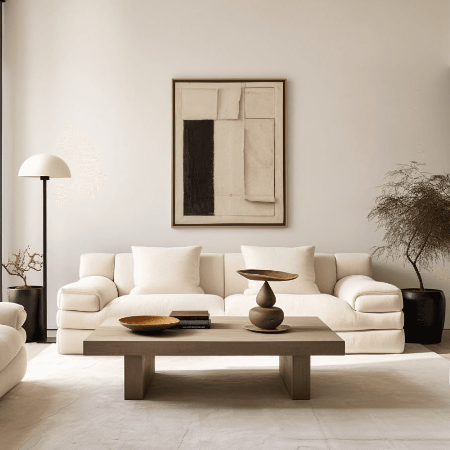 A rectangular coffee table featuring a seamless waterfall edge design, crafted from light brown wood. The table has a minimalist aesthetic and is presented with decorative objects, including a dark book, a small terracotta bowl, and a terracotta sculptural piece with a wooden element. — 3D model