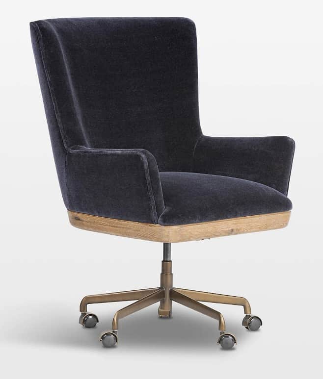 An upholstered office chair featuring a high back and integrated armrests, covered in dark blue velv… — free BLEND 3D model