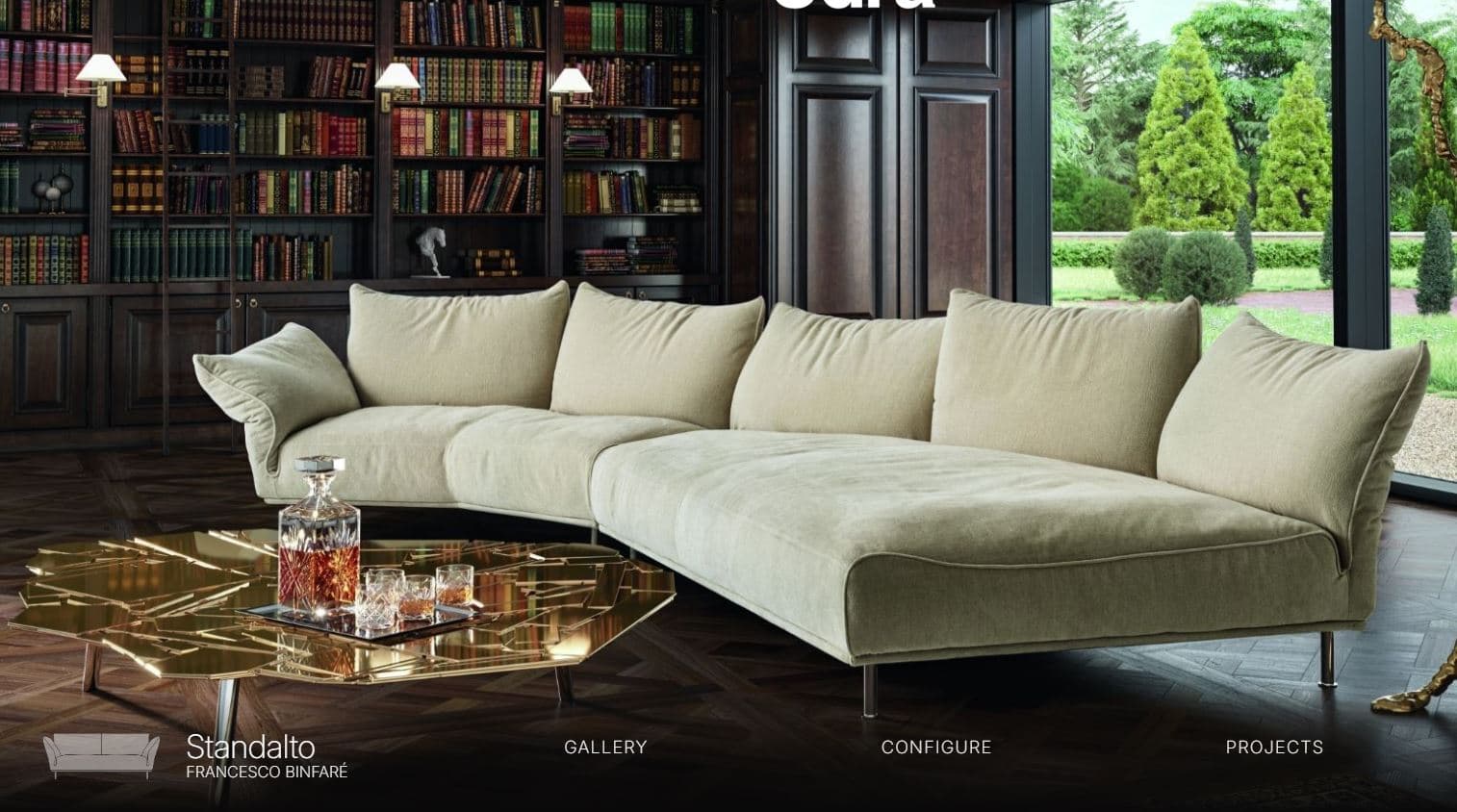 A modern, L-shaped sectional sofa with a chaise lounge extension. The sofa features multiple seat cushions and back cushions, with additional throw pillows. It is upholstered in a textured, light-colored fabric and supported by slender, metallic legs. — 3D model