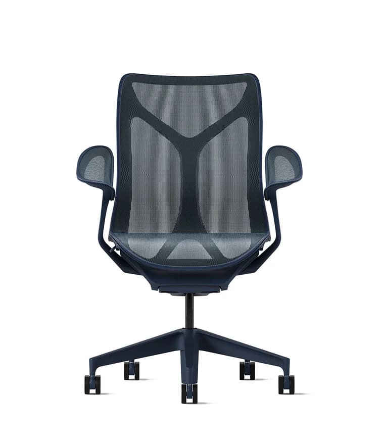A modern office chair with a breathable mesh back and seat, featuring adjustable armrests and a five-star base with casters for mobility. The design is ergonomic and contemporary. — 3D model