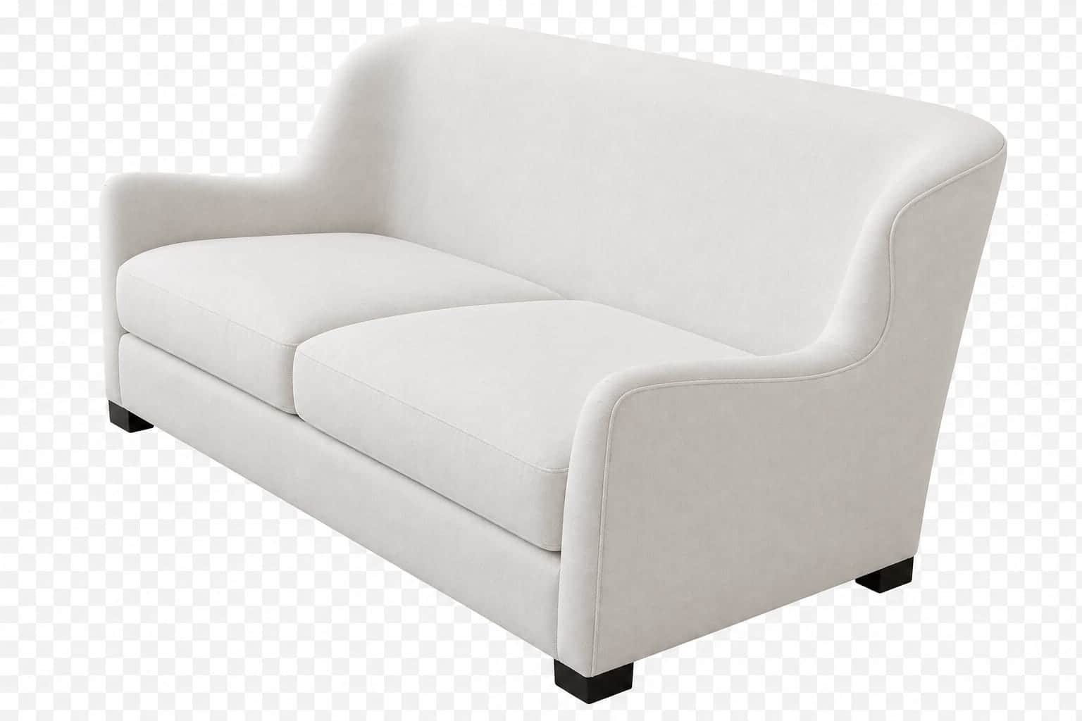 A modern two-seater sofa upholstered in a light, neutral-toned fabric with gently rounded track arms… — 3D model