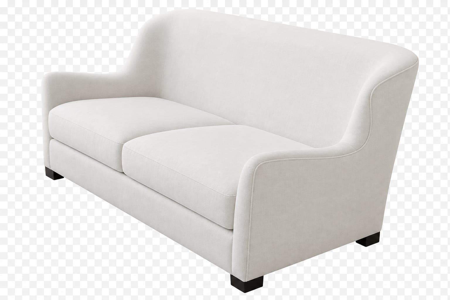 A modern two-seater sofa upholstered in a light, neutral-toned fabric with gently rounded track arms and a curved backrest. — 3D model