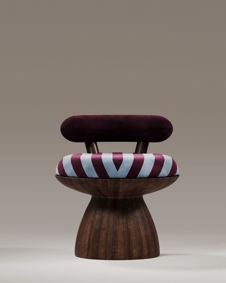 A contemporary chair with a distinct design. The base is a carved wooden pedestal with a flared, trumpet-like shape. The seat is upholstered in a fabric with a bold geometric pattern of alternating burgundy and light blue stripes. Above the seat, two wooden supports connect to a horizontal, cushioned backrest upholstered in a deep burgundy velvet-like fabric, with rounded ends. — 3D model