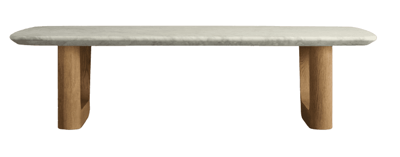 A contemporary coffee table featuring a rectangular, white marble top with subtly rounded edges, sup… — 3D model