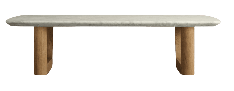 A contemporary coffee table featuring a rectangular, white marble top with subtly rounded edges, supported by two substantial, light-colored wooden legs with an arch-like, inverted U-shape design. The marble exhibits natural grey veining, and the wood grain is clearly visible, contributing to a minimalist and organic aesthetic. — 3D model