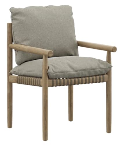 A modern armchair featuring a light-toned wooden frame, plush light gray fabric cushions, and a distinctive woven cord seat base. — 3D model
