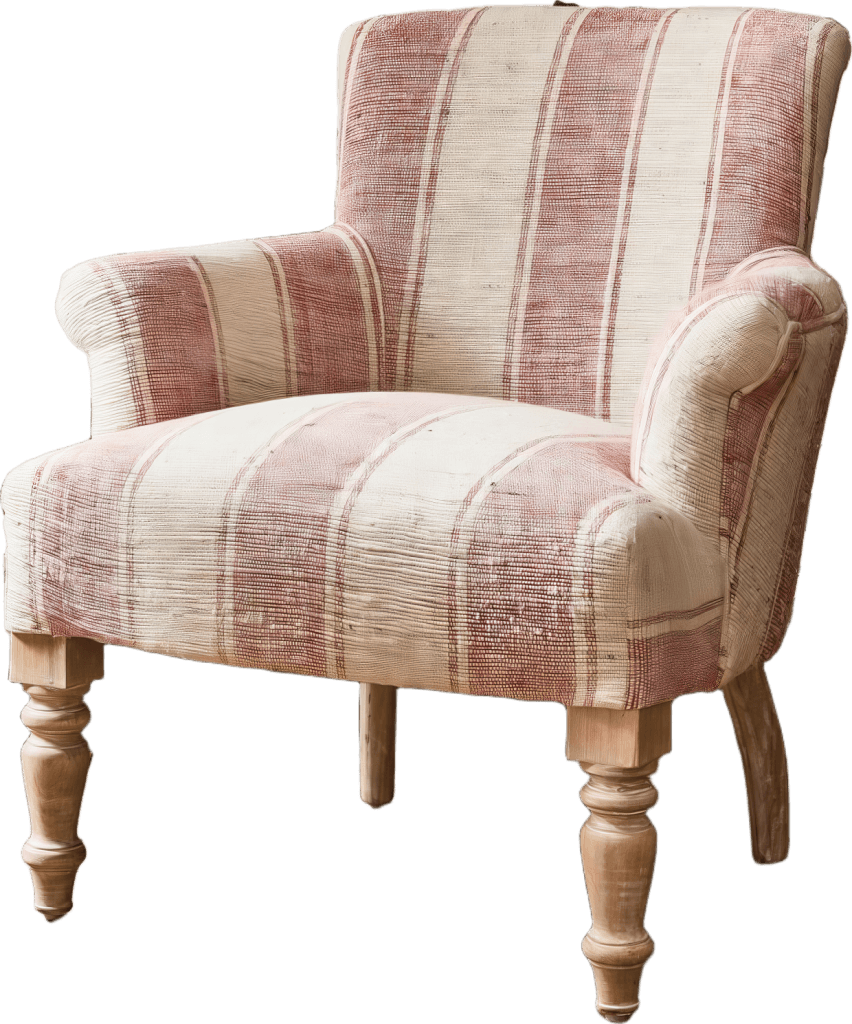 An upholstered armchair featuring a distressed red and cream striped woven fabric, supported by four light-colored wooden legs. The chair has rolled arms and a gently curved high back. — 3D model