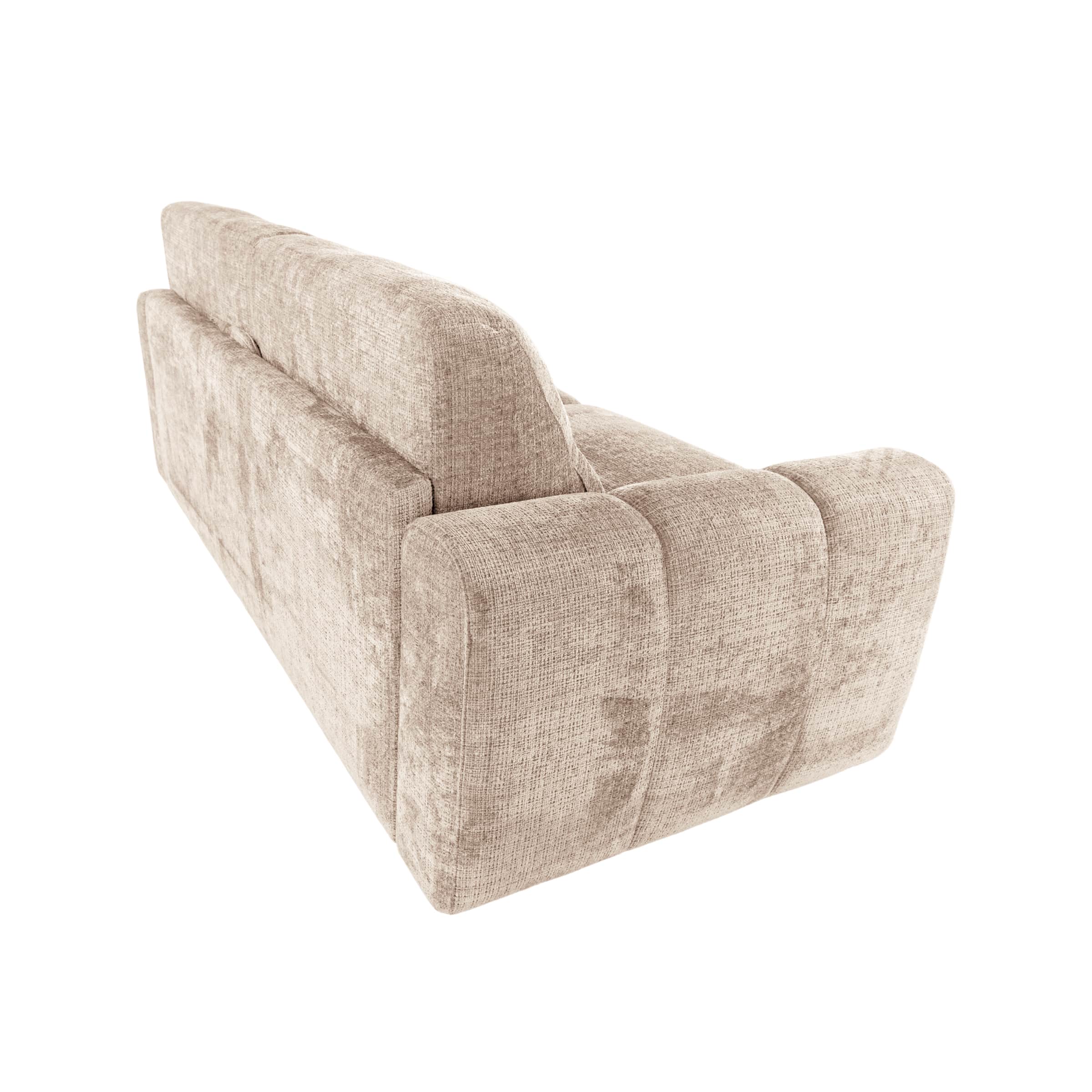 A modern three-seater sofa upholstered in a textured beige fabric, featuring integrated low armrests… — free GLTF 3D model