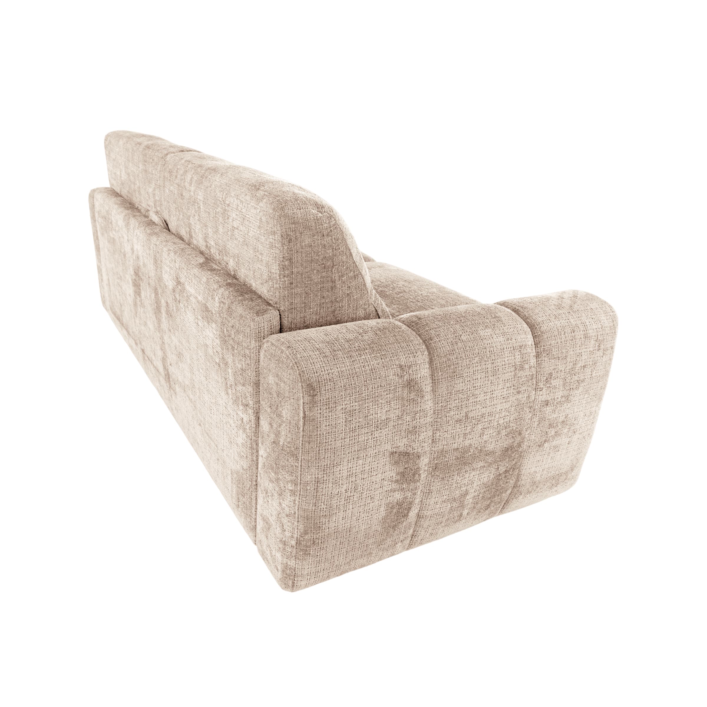 A modern three-seater sofa upholstered in a textured beige fabric, featuring integrated low armrests and a streamlined, minimalist design. The back and seat cushions appear to be fixed, contributing to its clean silhouette. — 3D model