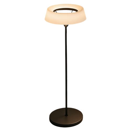 A contemporary floor lamp featuring a circular, toroidal lampshade with an opaque, frosted white diffuser. The lampshade is supported by a slender, dark-colored vertical stem that extends from a round, flat base. The overall design is minimalist and modern. — 3D model