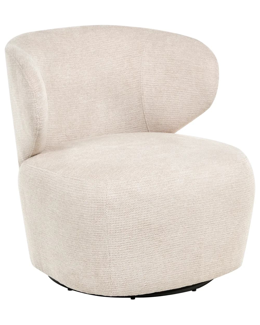 A contemporary armchair with a curved backrest and a swivel base. The armchair is upholstered in a textured, light-colored fabric and has a rounded, compact silhouette. — 3D model