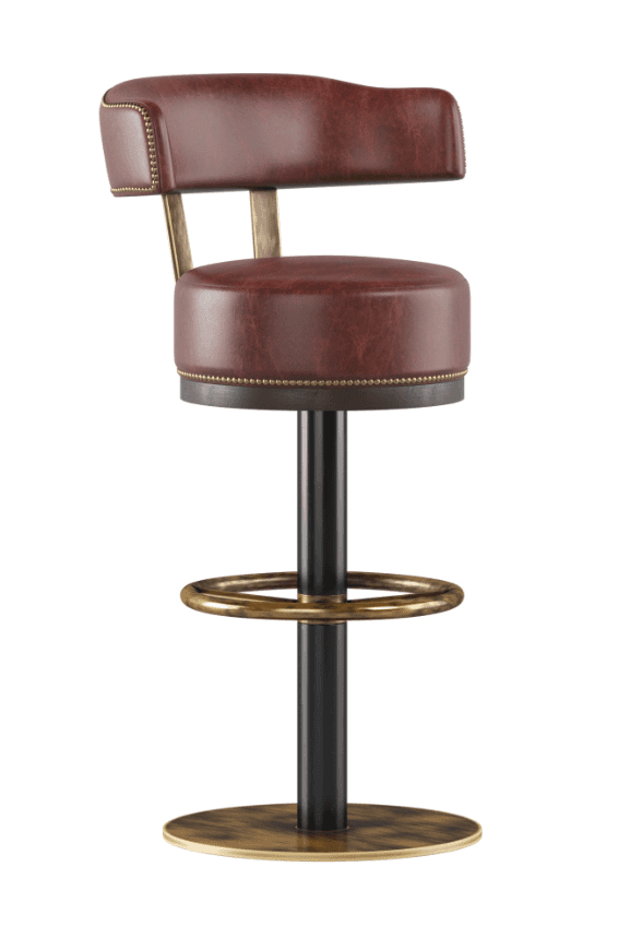 A brown leather bar stool with a metal frame. The seat and backrest are upholstered in dark brown le… — 3D model