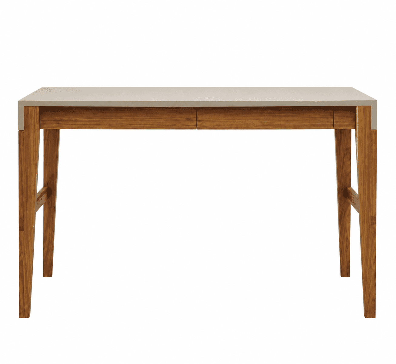 A modern desk featuring a light gray, possibly concrete or composite, rectangular tabletop, supporte… — 3D model