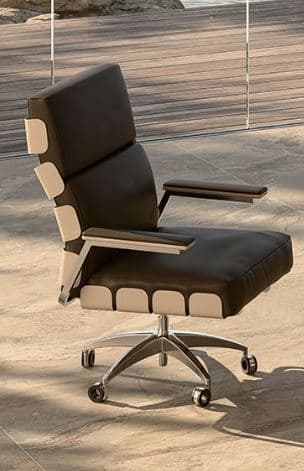 An executive-style office chair featuring dark brown or black leather upholstery for the main seat and backrest cushions. It is accented with light beige or off-white rectangular panels on the sides of the backrest and along the front edge of the seat. The chair has fixed armrests with matching dark upholstery pads. Its base is a polished chrome or aluminum five-star design, equipped with dual-wheel casters for mobility and a swivel mechanism. The overall aesthetic is sleek and modern. — 3D model