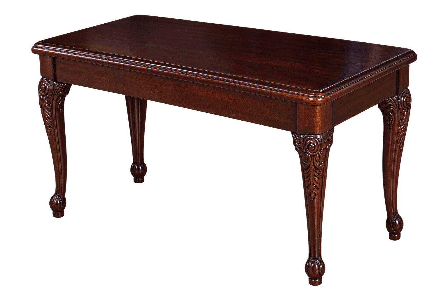 A rectangular dark brown wood coffee table with ornate carved legs and a polished finish, designed i… — 3D model