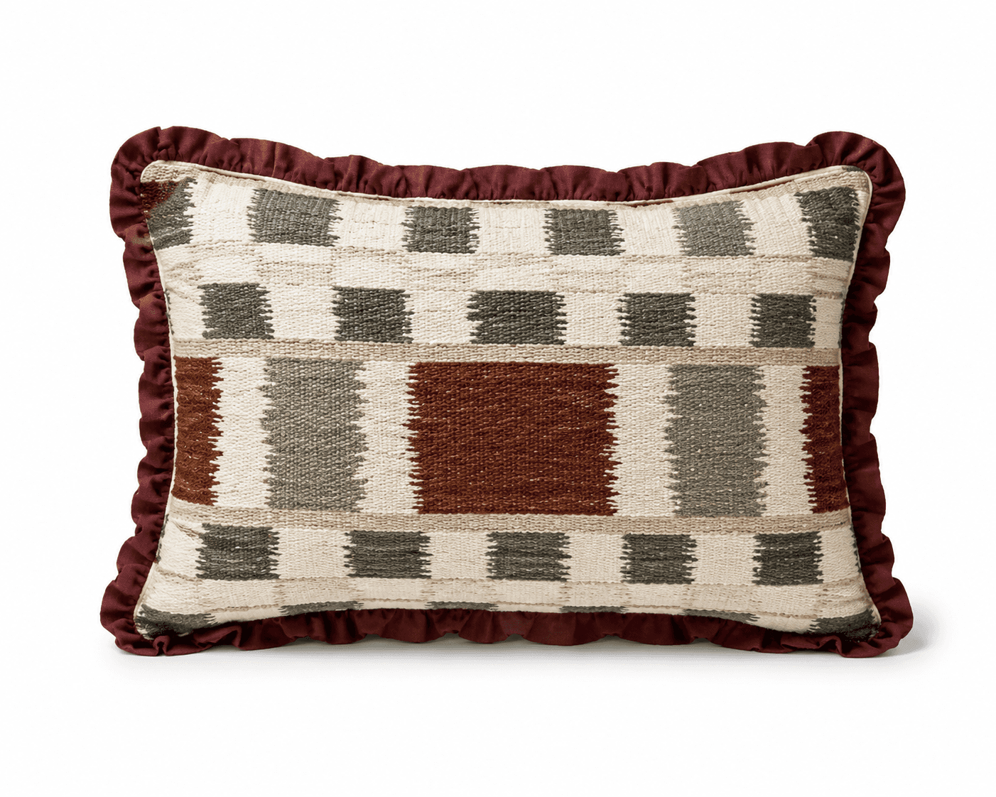 A rectangular throw pillow featuring a woven geometric pattern in shades of beige, brown, and grey,… — 3D model