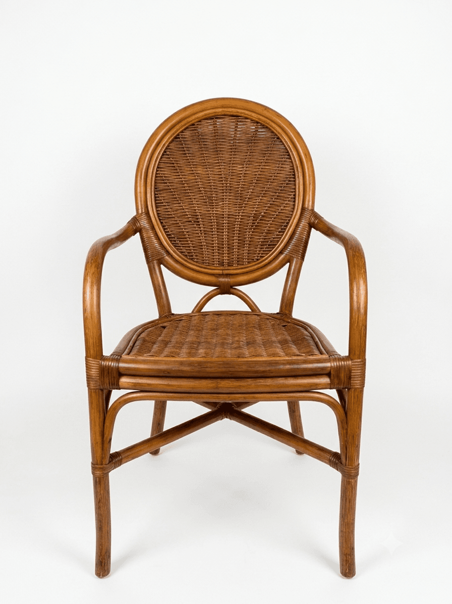 A vintage rattan armchair with a rounded backrest and seat. The frame is constructed from curved rattan poles, and both the backrest and seat are woven with a radial rattan pattern. The chair has four legs and curved armrests. — 3D model